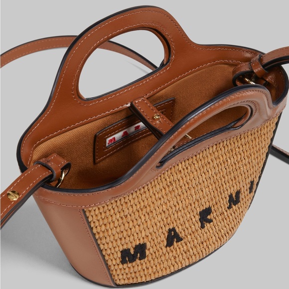 Marni Tropicalia Micro Bag in brown leather and raffia-effect fabric - Picture 3 of 9